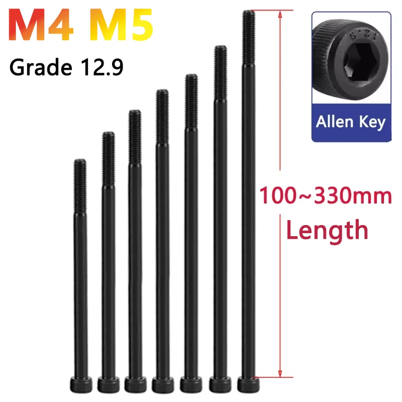 M4 M5 Класс 12,9 Черный шестигранный болт с шестигранной головкой и шестигранной головкой, сверхдлинный 100 110 115-330 мм, полурезьба, углеродистая сталь