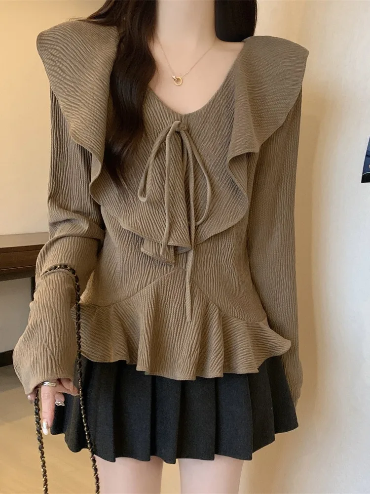 Plus size women clothing French sle Frill V-neck Shirts Spring and Autumn 2024 Chubby Girl Waist Hugging Slimming Chic Euro... |