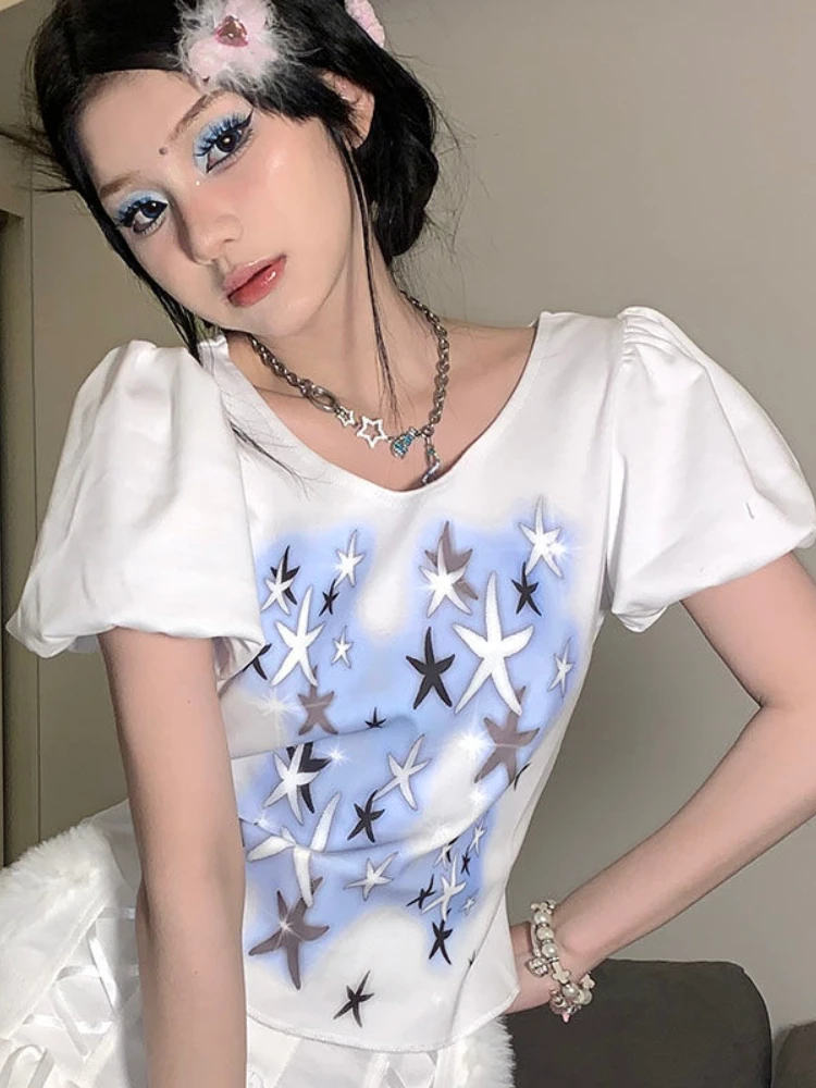 

ADAgirl Star Print Puff Sleeve T Shirts for Women Harajuku Short Sleeve Tees Cute Y2k Girl Crop Tops 2023 Summer Ladies Clothes