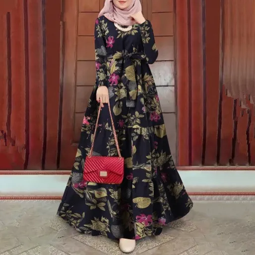 3XL Vintage Printed Sundress Women Muslim Dress 2022 Casual Floral Maxi Vestidos Female Dubai Turkey Abaya Hijab Robe Femme