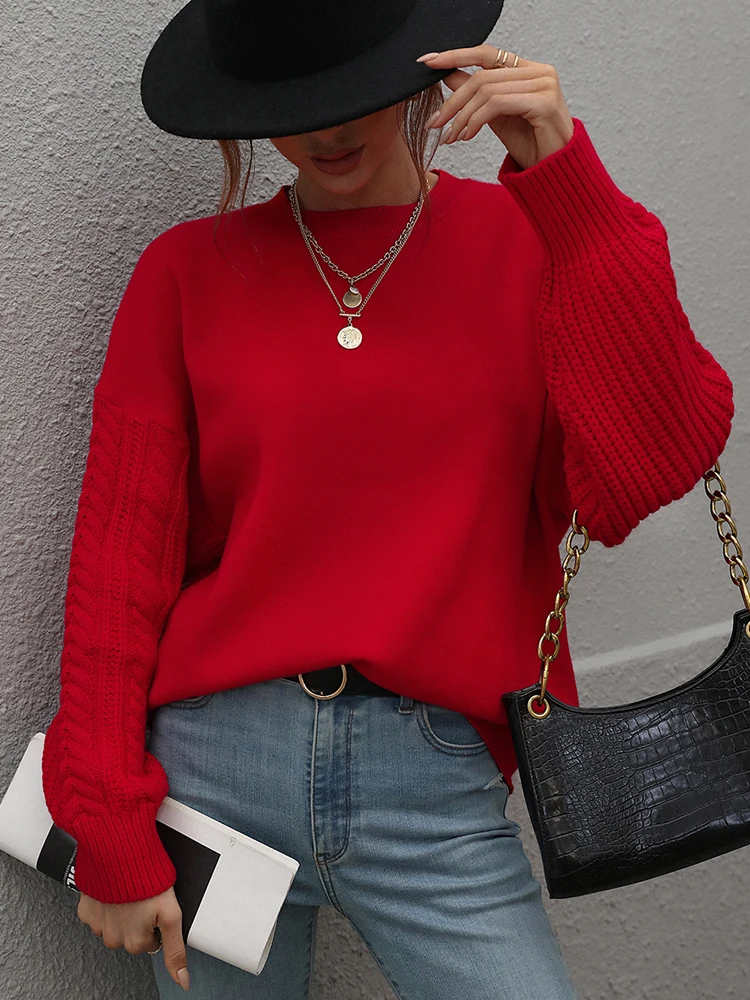 Women's Oversized Pullover 2022 Warm Thick Vintage Solid Knitted Jumper Red O Neck Winter Casual Green Sweater for Women