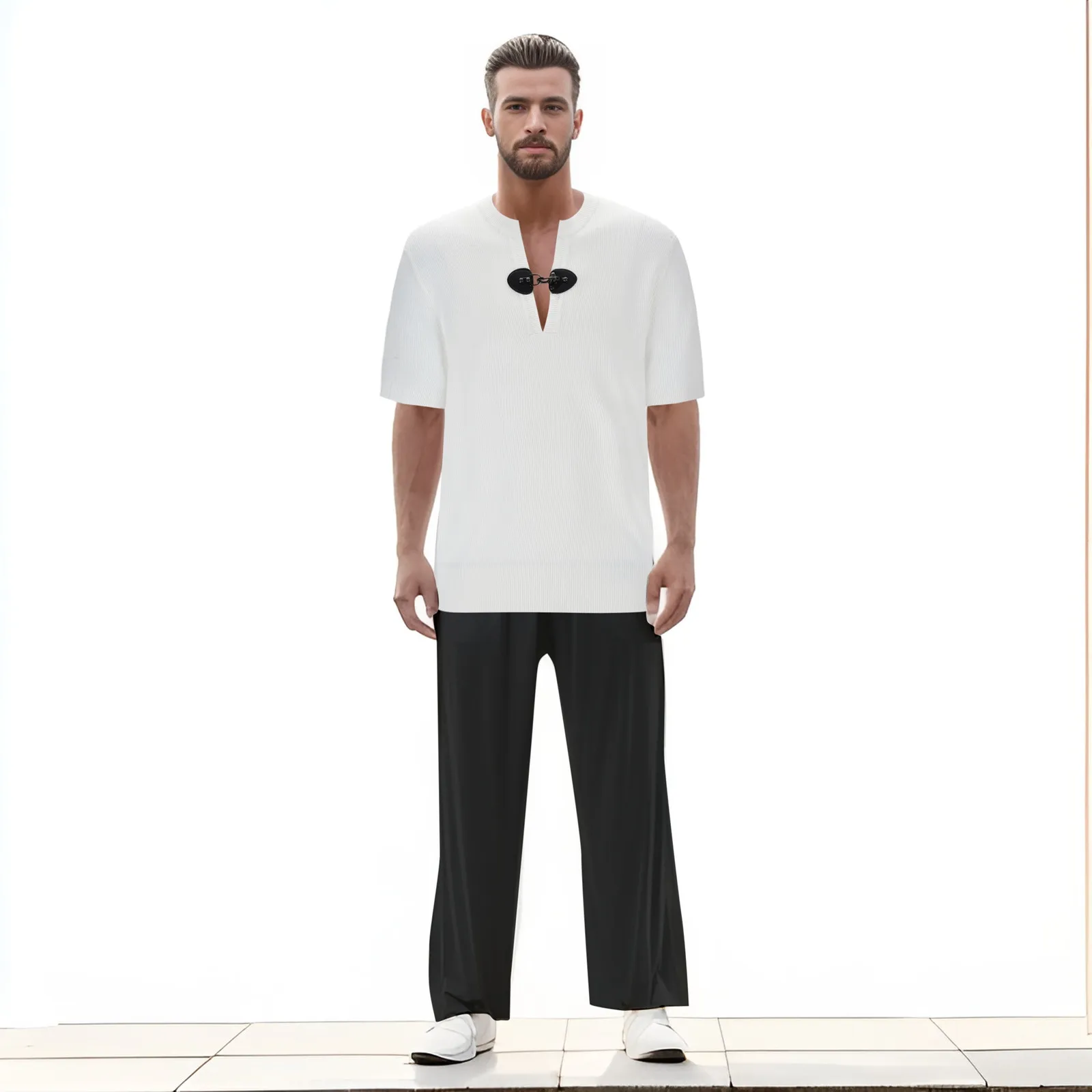 

Men's Solid Color Casual V Neck Short Sleeved Ice slim fit 3D Print Camisa Art 3d Digital Print Camisas De Hombre Beachwear