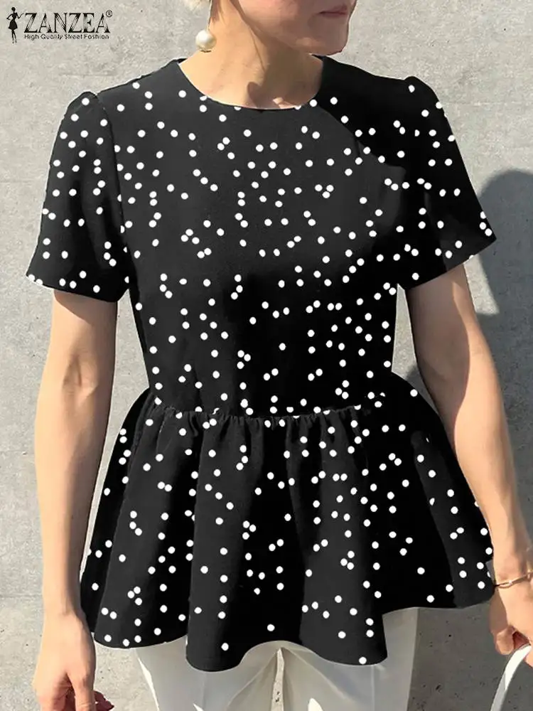 

Блузка ZANZEA женская с асимметричным подолом, повседневный элегантный топ с оборками, в горошек, с баской, модная рубашка с коротким рукавом, л...