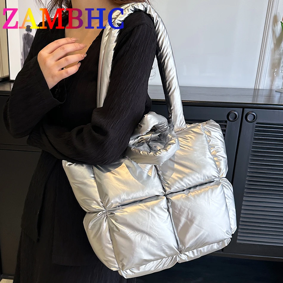 

High Quality Down Fabric Plus Cotton Totes Bag Fashion Shoulder Bags for Women 2023 Hit Winter Padded Space Handbag Luxury Brand