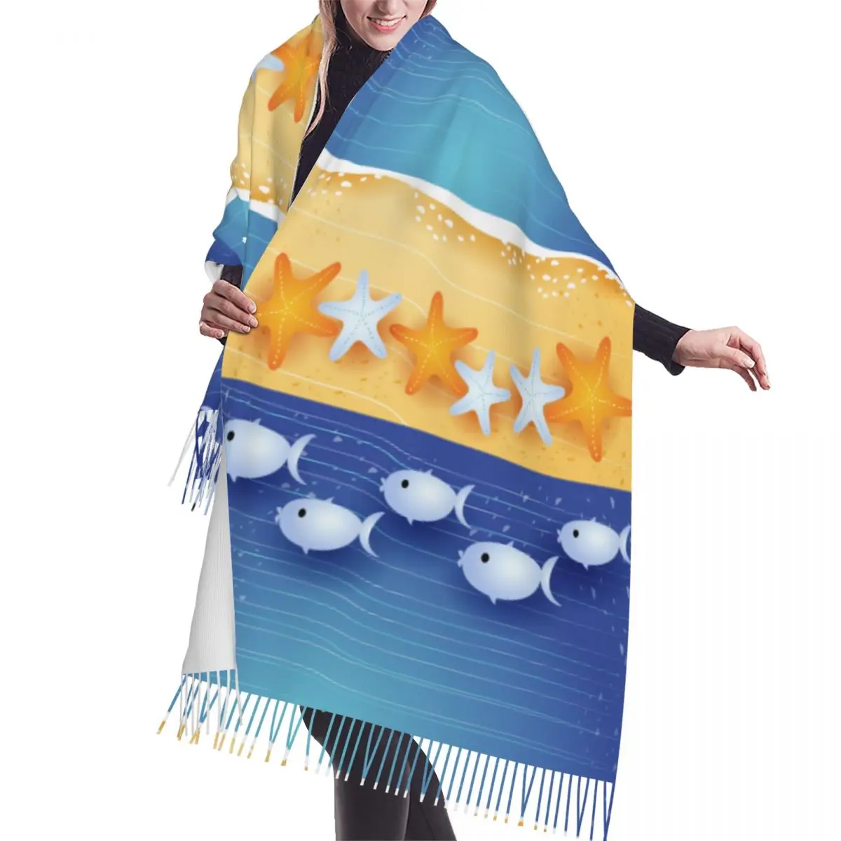 

Милый пляжный зимний шарф со звездами и рыбами, шали, шарфы для женщин и мужчин, теплые шарфы с кисточками Bufanda