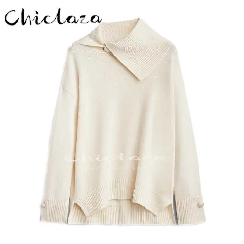 

CHICLAZA 2022 Autumn Winter Woman Fashion Wool Blend Knitted Sweater Female Solid Color Lapel Long Sleeves Casual Pullover