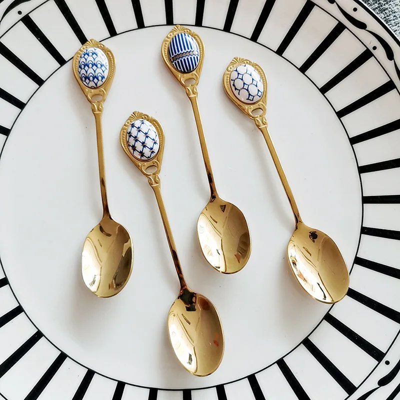 

Vintage Porcelain Teaspoon 304 Stainless Steel Stir Tea Spoon Tableware Multi Purpose Gold 4 Styles Coffee Scoop
