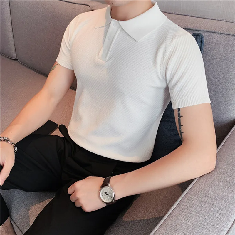 

2022 Summer Knit Polo Shirt Men Casual Turn-down Collar Button-up Fashion Pure color Solid Slim Tops knitting Fabric Polo S-4XL
