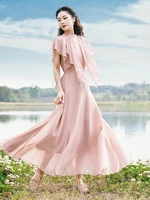 tiyihailey free shipping women 2022 new boshow long maxi ruffles short sleeve dress summer chiffon big hem high waist pink
