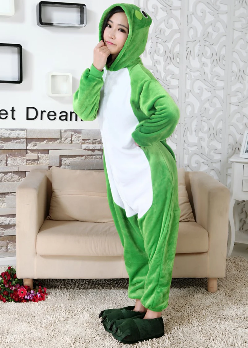 Adults Kigurumi Onesie Women Flannel Sleepwear Unisex Green Frog Cartoon Animal Pajamas Sets Winter Warm Flannel Hooded Pyjamas