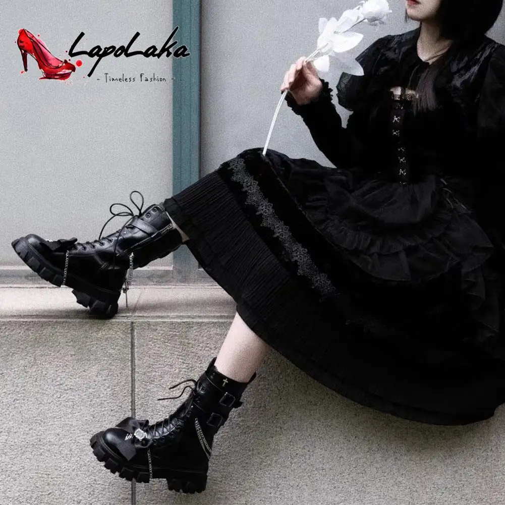 LapoLaka 2022 Punk Style Buckle Mid Calf Boots Bow-knot Cross-tied Chain Design Sweet And Cool Autumn Winter Women Boots