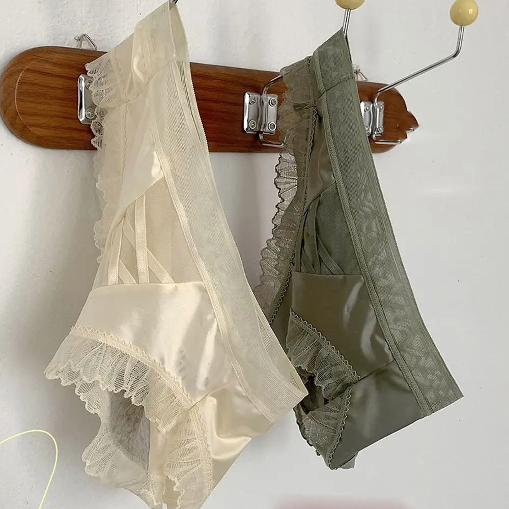 

Fashion Japanese Lady's Satin Cross Thin Belt Briefs Comfortable Lace Cotton Crotch Middle Waist Sexy Lingerie Female Underwear