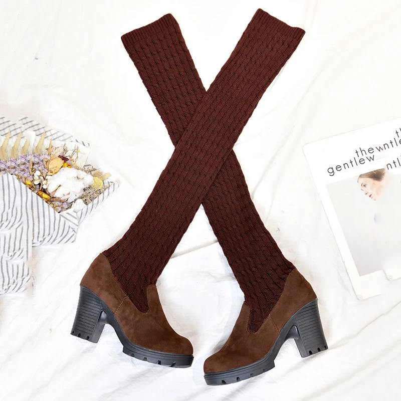 Knitting Stretch Overknee Boots Women Thigh High Boots Fashion Sexy Slim Black Shoes Woman Platform High Heel Boots Bottes Femme