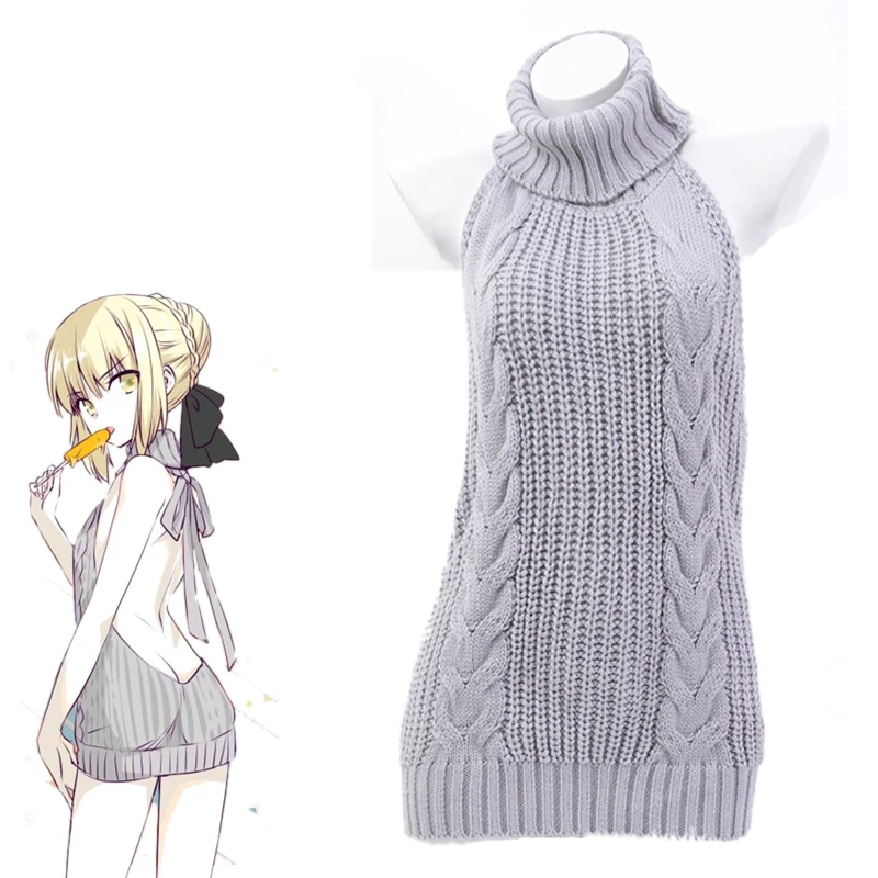 

Japanese Anime Fate Saber Alter Arturia Pendrag Halter Sweater Dress Swimsuit Costume Swimwear Uniform Pool Party Cosplay