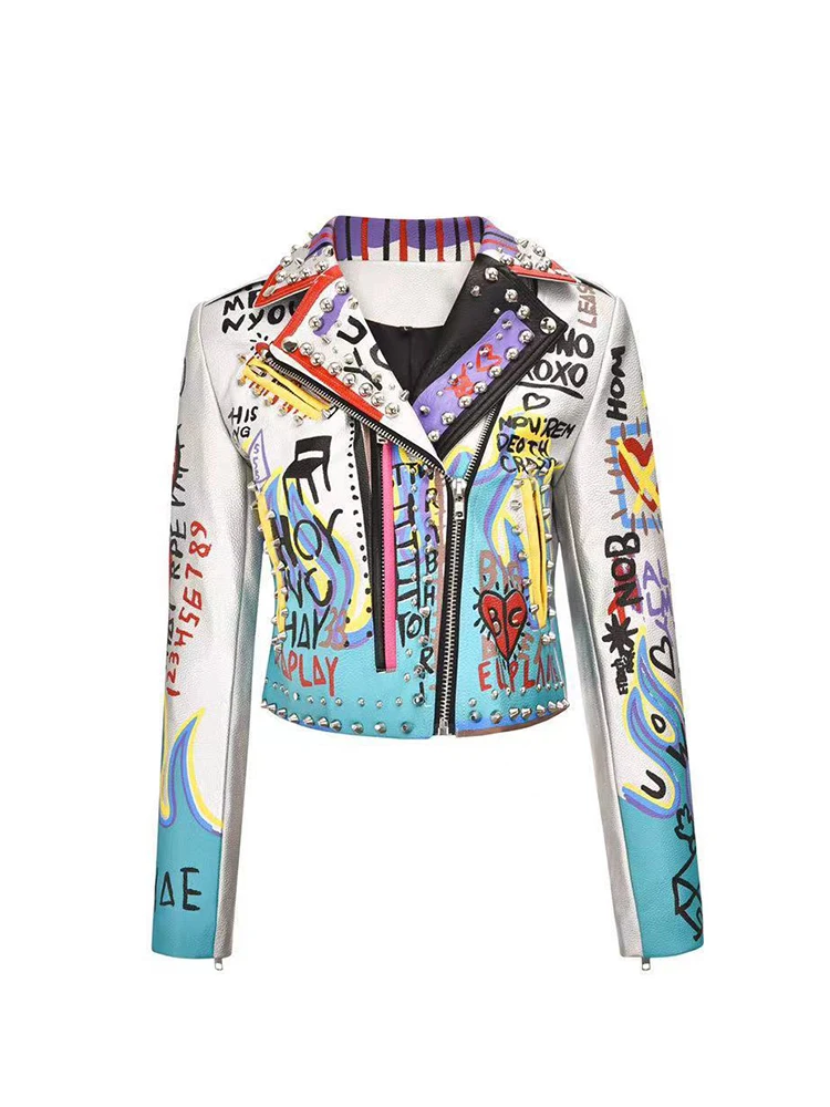 Streetwear Silver Leather Jacket Women 2023 Trend Punk Style Rivets Graffiti Print Short Faux Leather Embroidery Jackets
