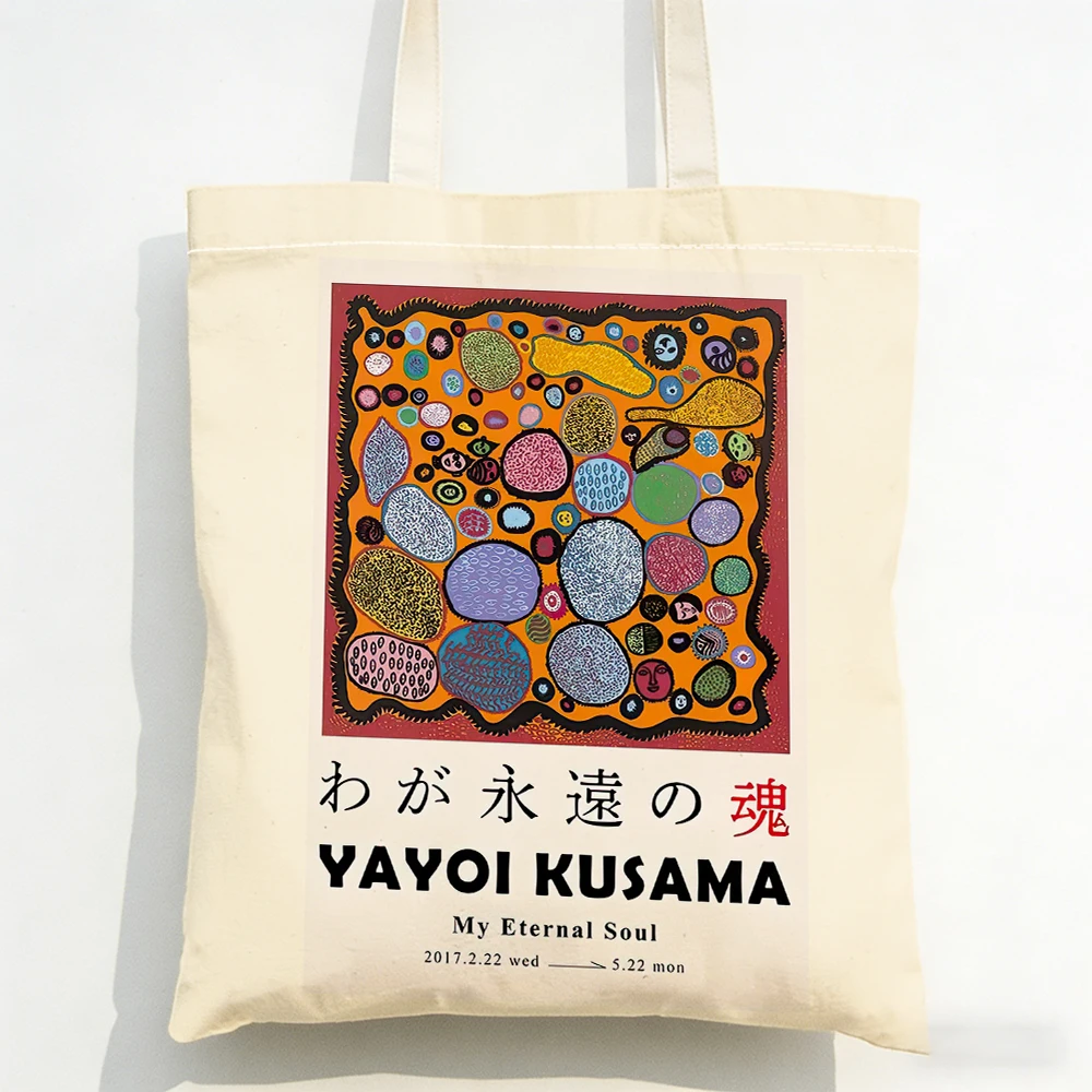 Фото Женская сумка-шоппер Yayoi Kusama с двойным принтом в горошек и тыквами, большая сумка-тоут с грибами, вместительная сумка-сэтчел для девушек №2