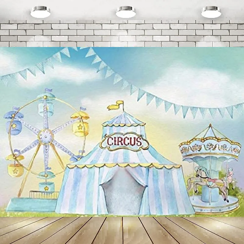 

Circus Backdrop Light Blue Carnival Photography Tent Background Baby Shower Newborn Carousel Ferris Wheel Decoration Banner
