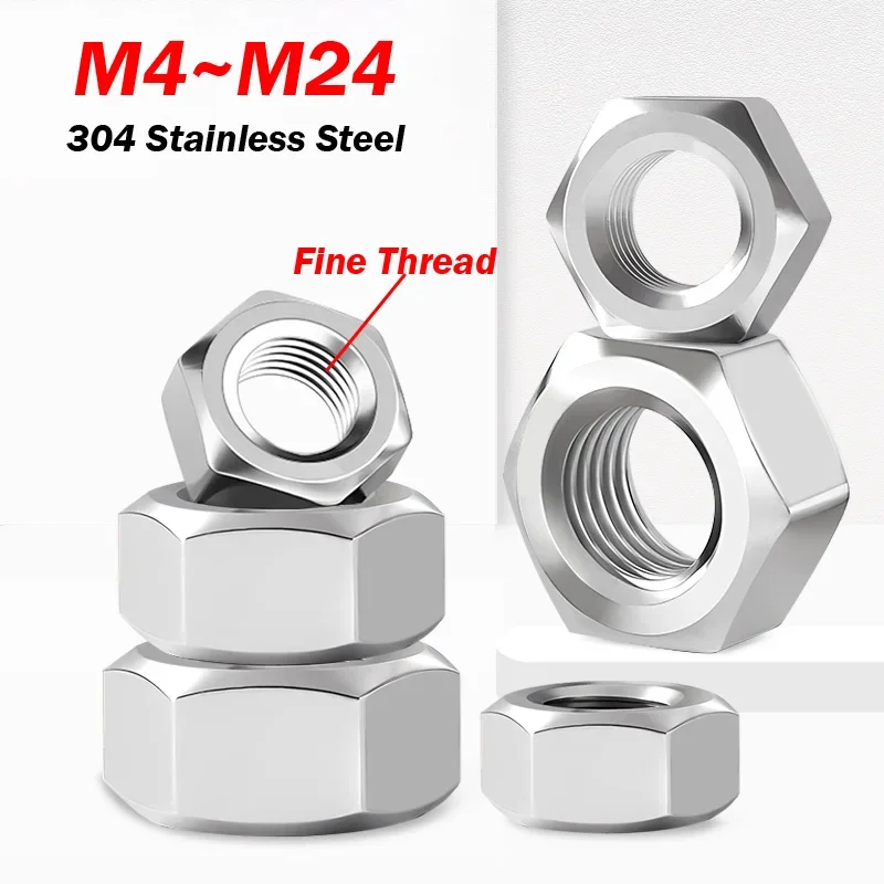 

M4 M5 M6 M8 M10 M12 M14 ~ M24 DIN934 Шестигранная гайка с тонкой резьбой, шаг нержавеющей стали 304, шаг 0,5/0,75/1/1,25/1,5 мм