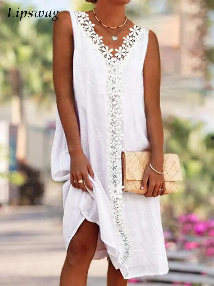 

Lady Sexy V Neck Loose Beach Dress Casual Women Sleeveless Pullover Dress Fashion Patchwork Flower Hollow Out Lace Party Dresses