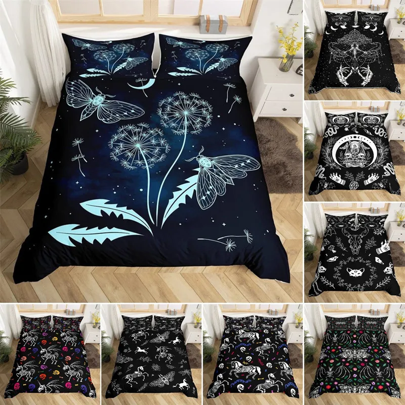 Boho Queen Size Galaxy Death Moth Bedding Set Dandelion Duvet Cover For Kids Boys Girls Halloween Gothic Skull Comforter Cover