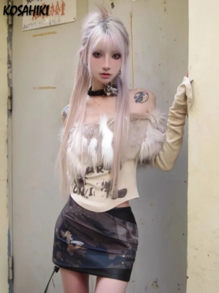 Японские меховые Топы Y2k Винтажная Футболка Harajuku с открытыми плечами гранж