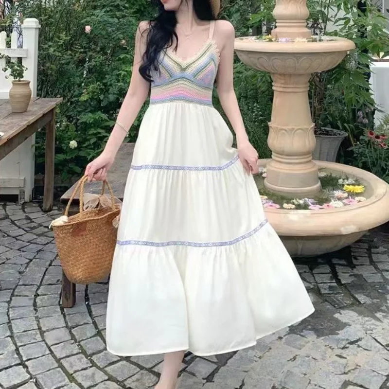 

Knitted Slip Dress Women's Summer 2023 New V-neck High Waist A-line Casual Resort Long Dress Rainbow Girly Style Korean Clothing