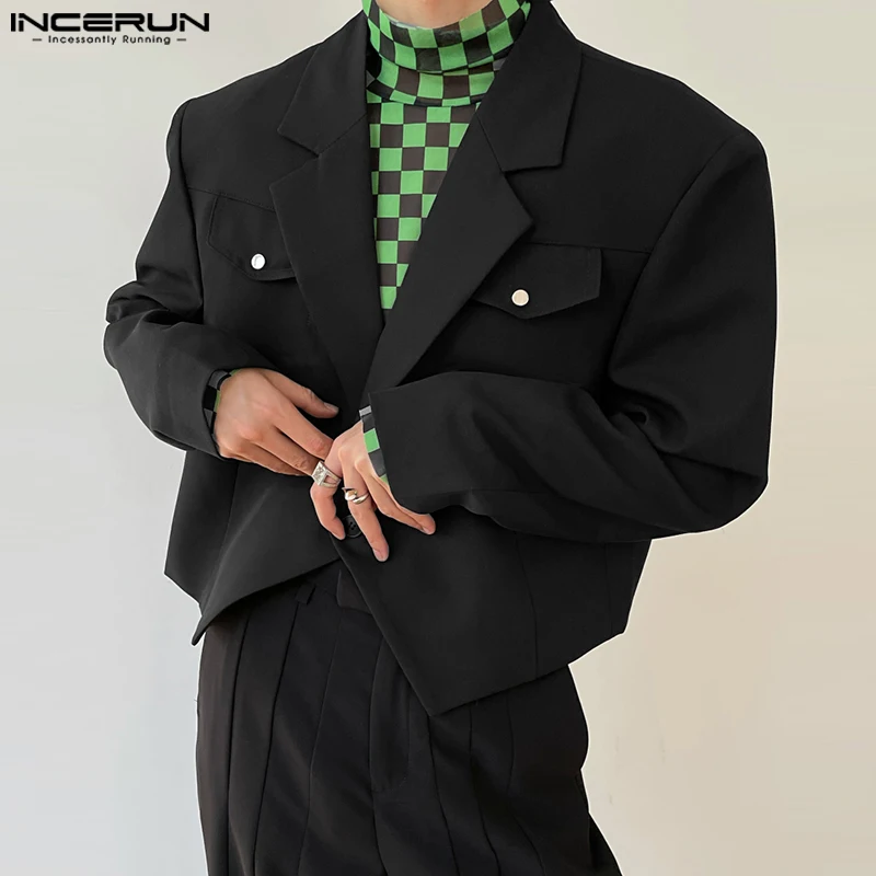 

INCERUN Топы 2023 стильные мужские однотонные короткие куртки с двойным карманом для отдыха однотонные с длинным рукавом