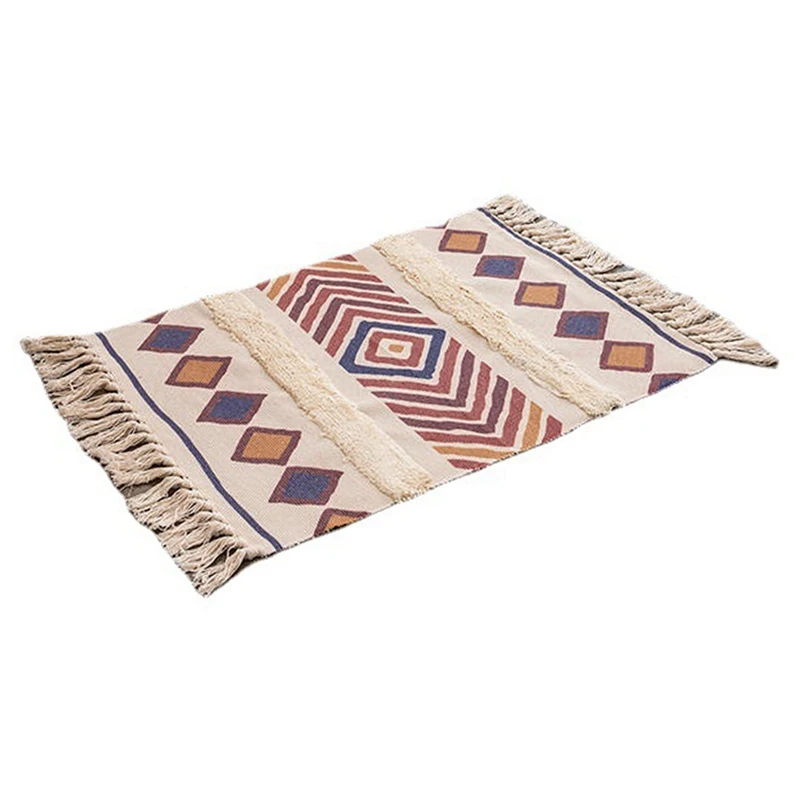 

60X90cm Retro Bohemian Hand Woven Tassel Carpet For Home Living Room Window Bedside Linen Rug Table Runner Door Mat