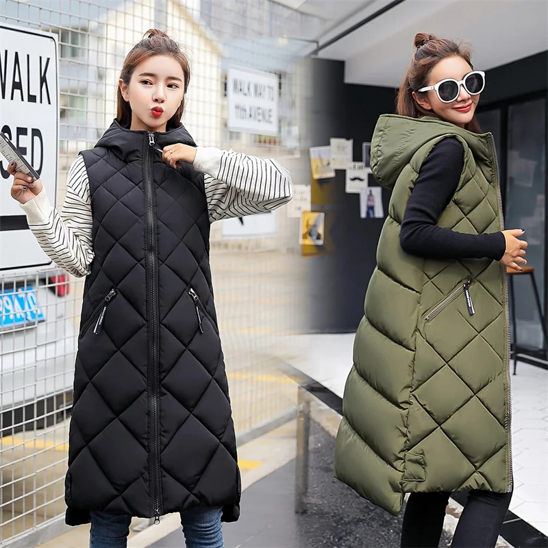 

2022 New Winter Down Cotton Vest Women Parkas Long Vestcoat Lightweight Warm Waistcoat Female Sleeveless Jacket Casual Outwear