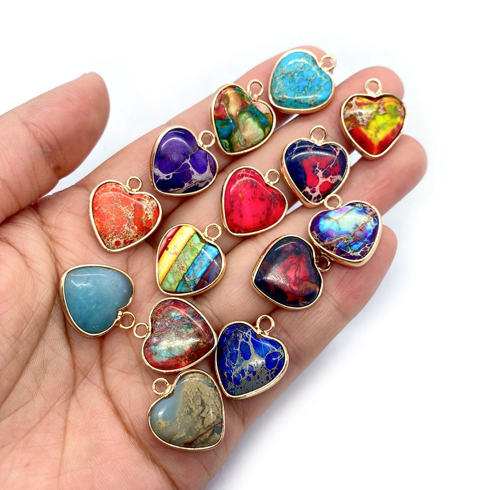 

Natural Stone Heart Shaped Emperor Stone Pendant 16x18mm Seven Chakra Charm Fashion Jewelry DIY Necklace Earrings Accessory 1pcs