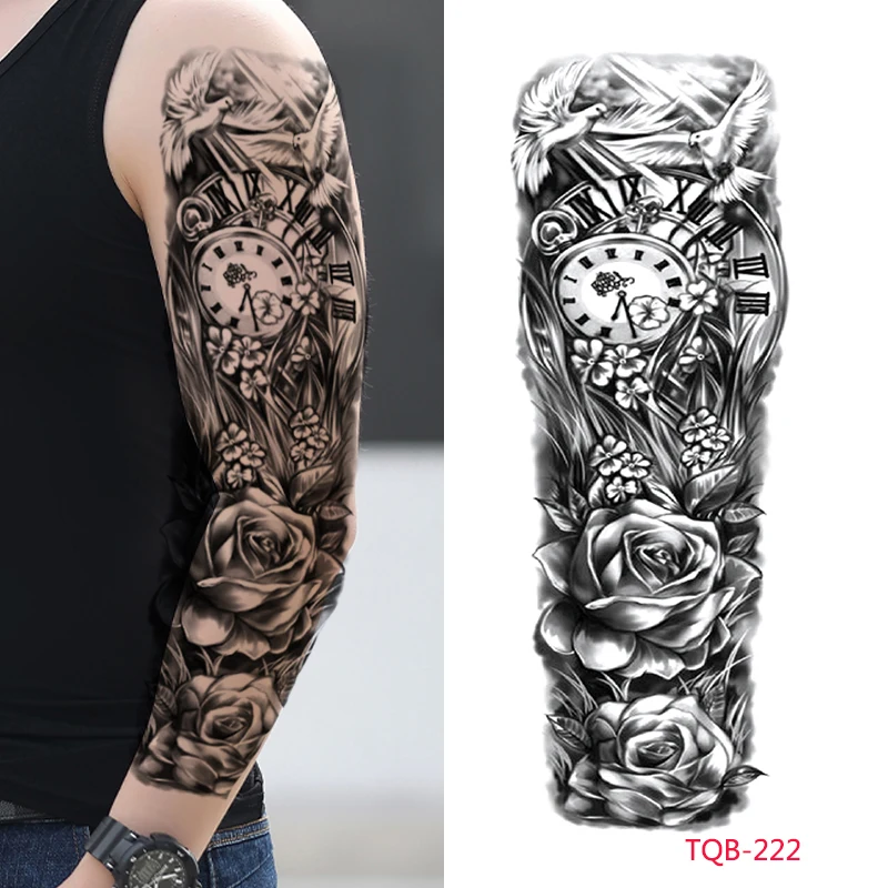

Большой рукав на руку, временная татуировка, водонепроницаемая Мужская и женская картина тела, часы на всю руку, роза, наклейка с имитацией т...