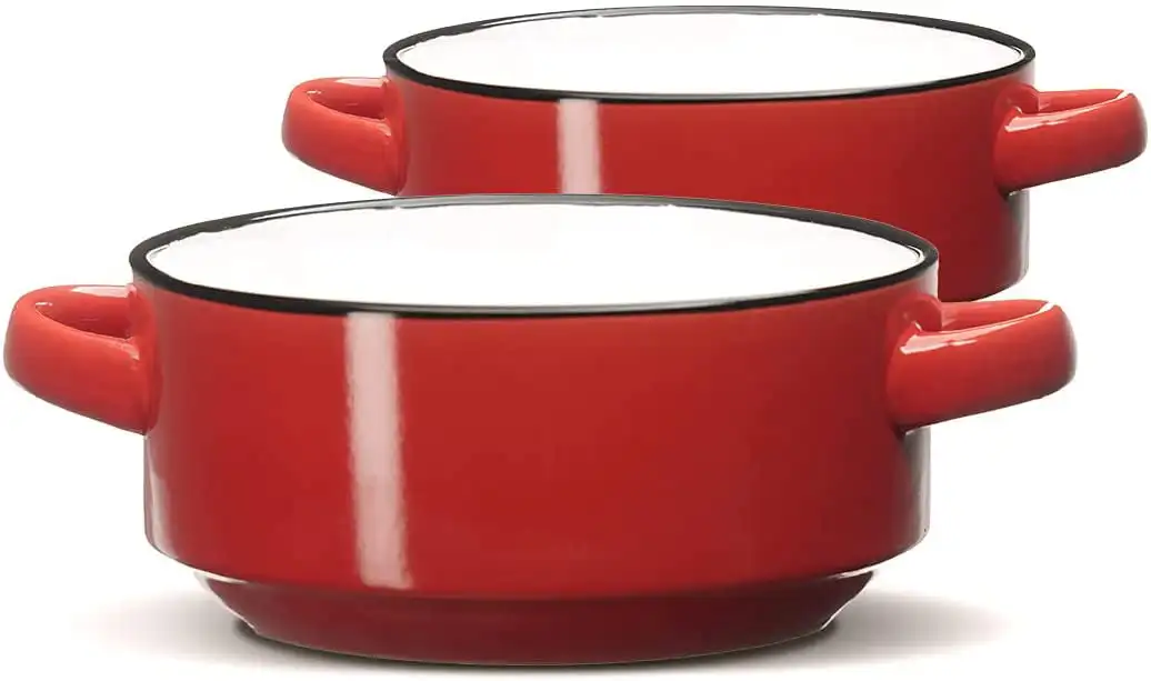 

Baking Serving Ceramic Red Soup Bowls Crocks with Handles - 16 Ounce - Set of 2