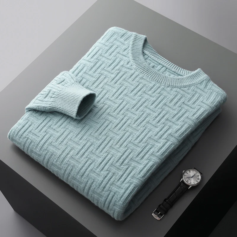 Men's Sweater Autumn Winter New Round Neck Thickened Pullover Sweater Large Size 100% Pure Wool Business Casual Loose Tops Men's