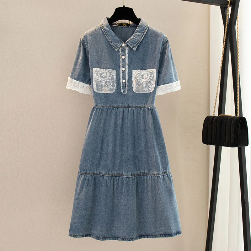 

Женское джинсовое платье-трапеция, свободное кружевное платье с отложным воротником и коротким рукавом, обхват груди 150 см, модель 5XL 6XL 7XL 8XL ...