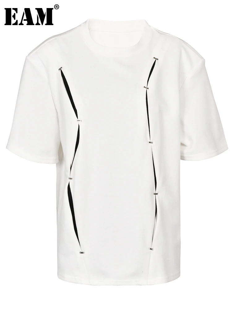 

[EAM] Women White Metal Color-block Big Size Casual T-shirt New Round Neck Short Sleeve Fashion Tide Spring Summer 2023 CPG0171