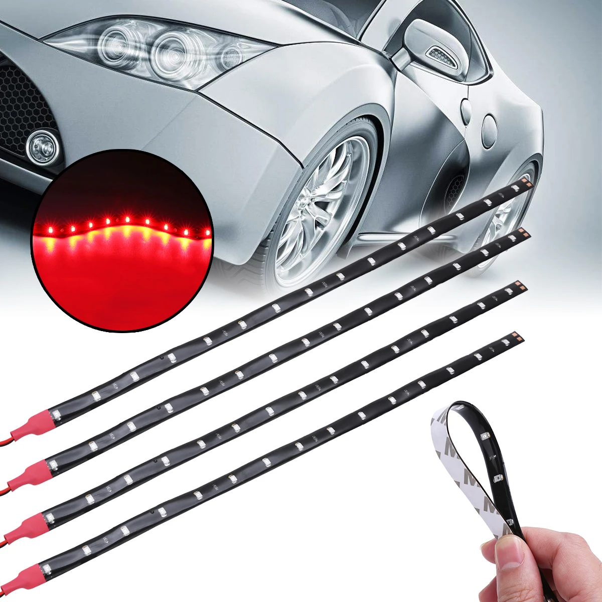 

4pcs 30cm 15 SMD LED Red Flexible Strip Light Waterproof Car Decorative Lamp DC 12V Automobile Strips Tube Lights