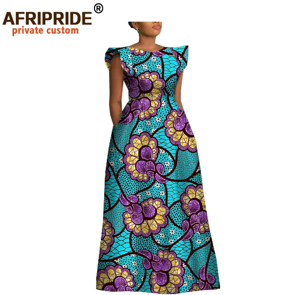 

African Dresses for Women Dashiki Print Ankara Short Sleeve O-neck Floor Length Women A-Line Wax Cotton Dress A1825017