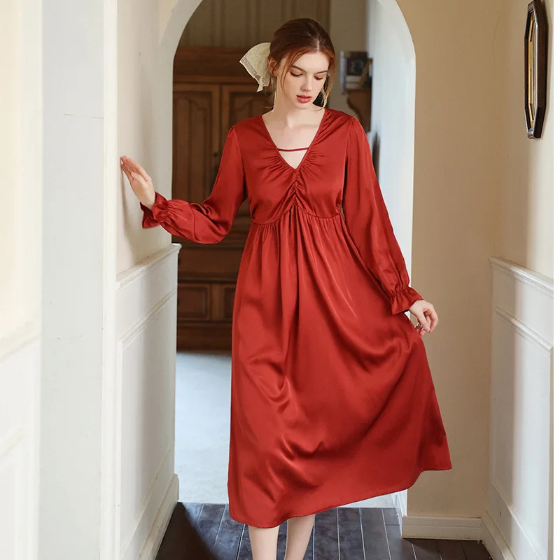 

Summer French Court Style V-Neck Long Sleeve Nightdress Beach Dress Sleepwear Satin Nightgown For Women Homewear Nightwear