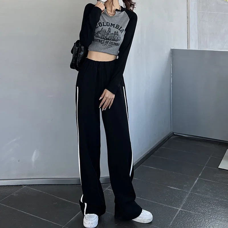 

Женская одежда Y2K, винтажные тренировочные костюмы для бега, спортивные брюки с высокой талией и широкими штанинами, прямые повседневные брюки, Корейская одежда, новинка 2023