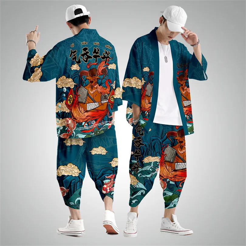 Japanese Two-piece Suit Oversize XXS-6XL Style Fashion Kimono And Pants Set Men Cardigan Blouse Haori Obi Asian Clothes