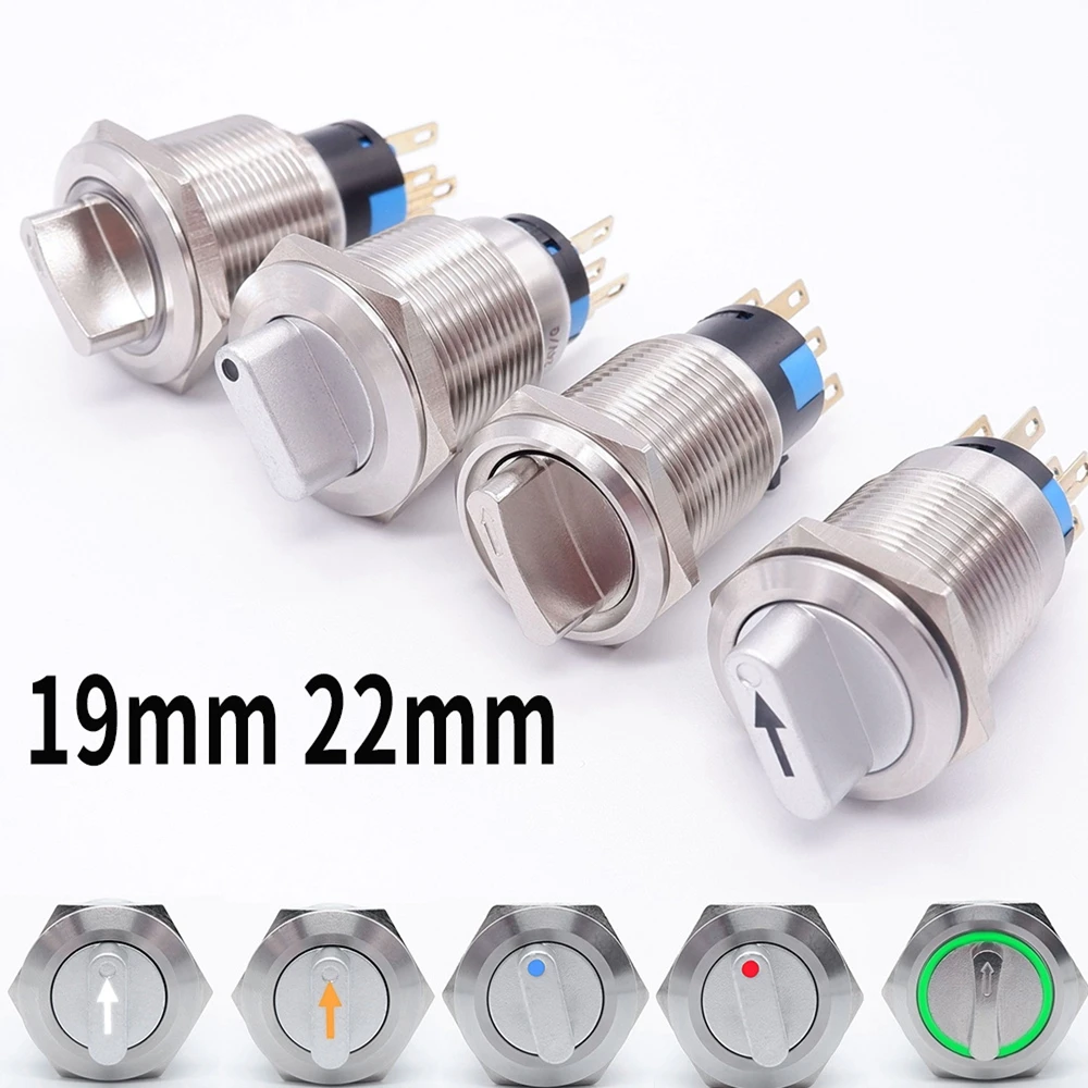 

19mm 22mm Metal Rotary Selector Switch Waterproof Momentary self-reset/Latching Knob With Led Light 2 3 Position 1NO1NC 2NO2NC