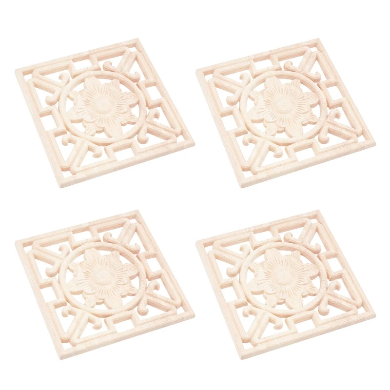 

4Pcs Square Wood Carved Applique Hollow Flower Unpainted Onlay Furniture Home Decoration For Wall Door Decoration