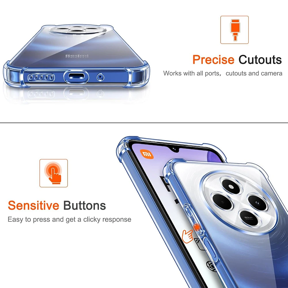 Противоударный чехол для Xiaomi Redmi 14C 13C 13 12C 12 11A 10 10A 10C 4G 5G Прозрачный ультратонкий