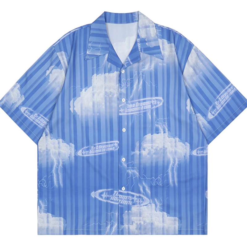 

Retro Sky Blue Clouds Lightning Graffiti Button Up Shirt Men Women Loose Casual Blouses Kawaii Summer Beach Hawaiian Streetwear