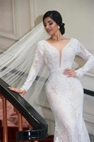 luxury deep v neck long sleeve spanish wedding dress elegant lace illusion mermaid wedding dresses sweep train robe de mariee