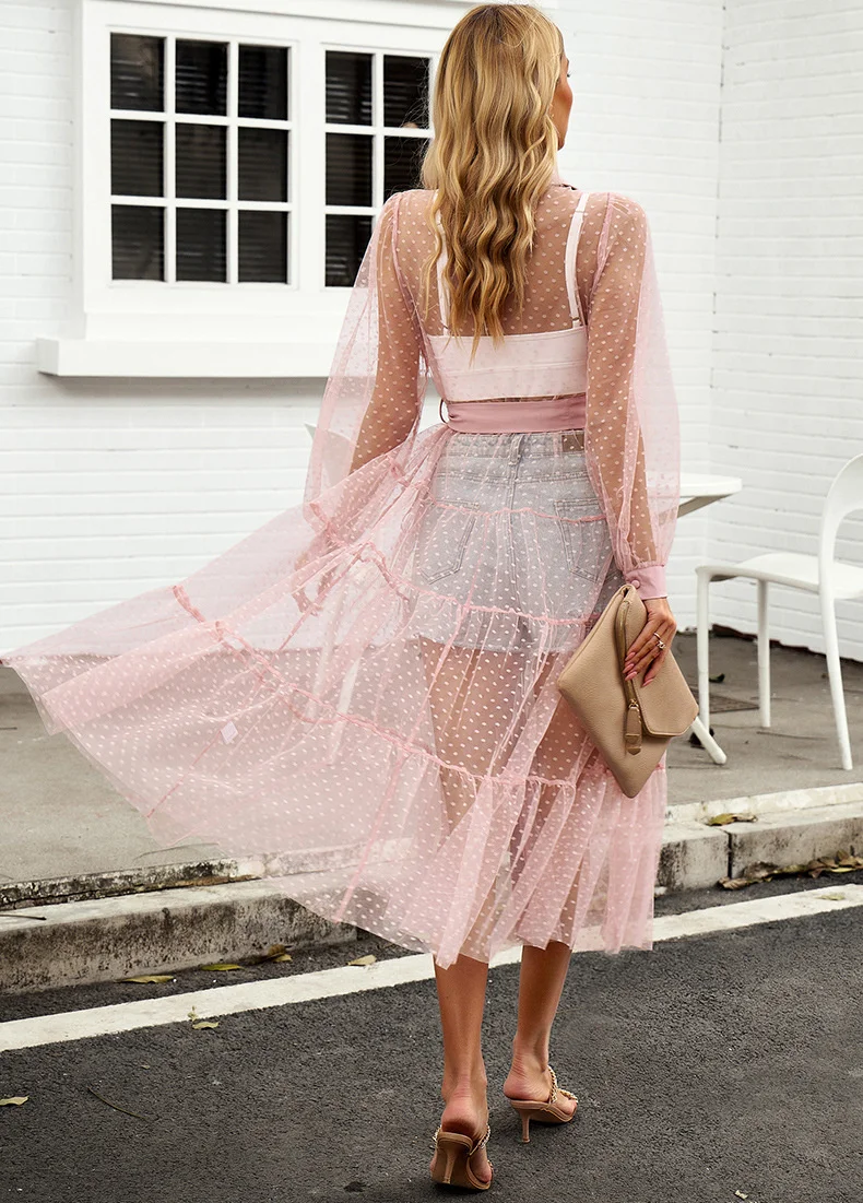 

2023New Casual dress, Design Dress Women's Summer INS Mesh Perspective Long Sleeve Waist Long Dress