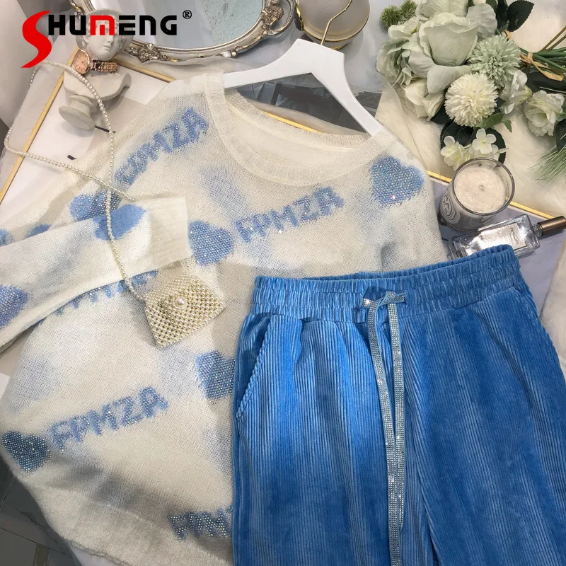 

Модный тяжелый вязаный свитер с вышивкой, горячее сверление, утягивающие широкие брюки, костюм из двух предметов, Женский весенне-осенний к...