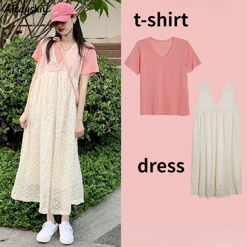

Женский комплект из 2 предметов, летняя однотонная Свободная Повседневная футболка и белое универсальное платье с V-образным вырезом