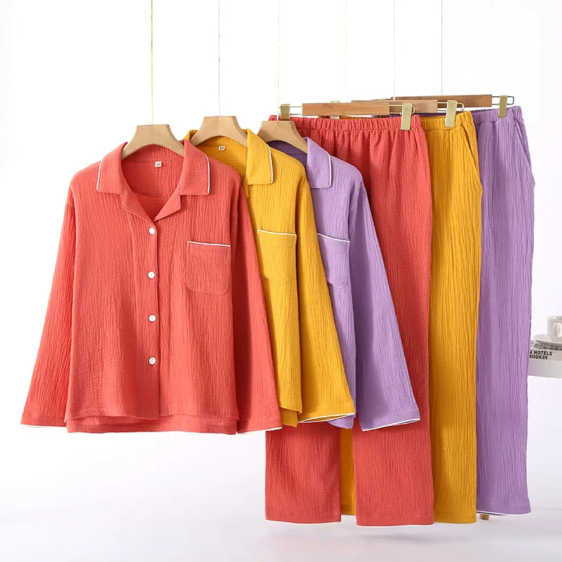 

Long-sleeved Trousers Women's Home Wear Suit Four Seasons Thin Pants with Side Pockets Lapel Yellow Pijamas Set for Women