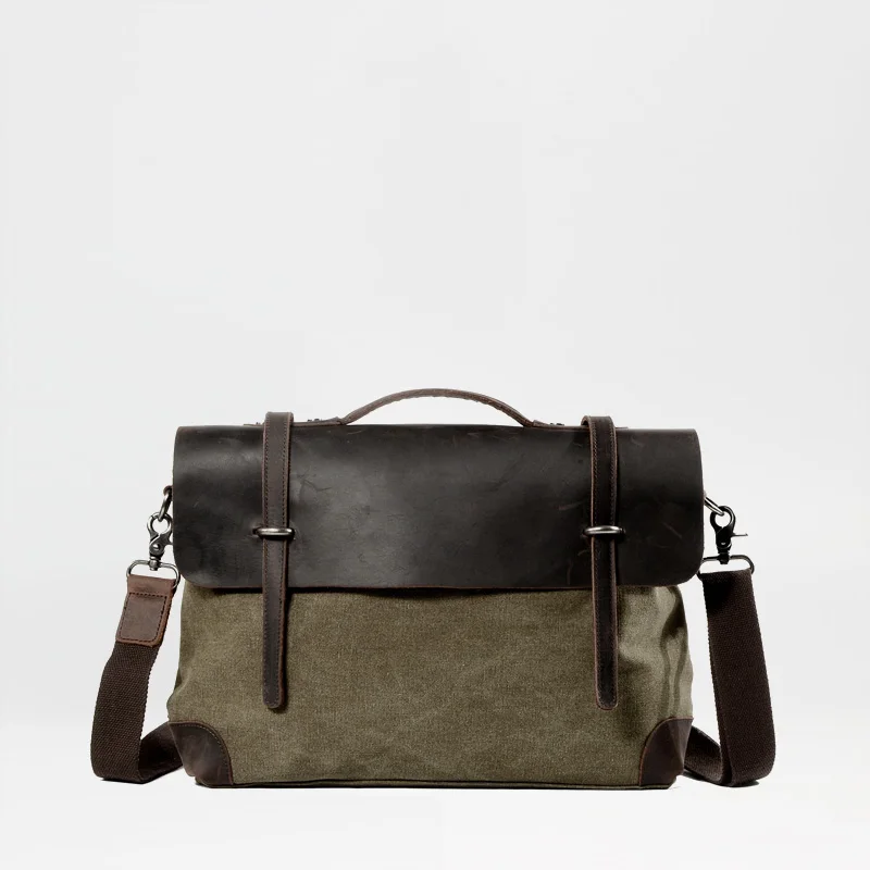 Vintage crazy horse cowhide canvas men's briefcase simple designer business handbag office lawyer work laptop messenger bag